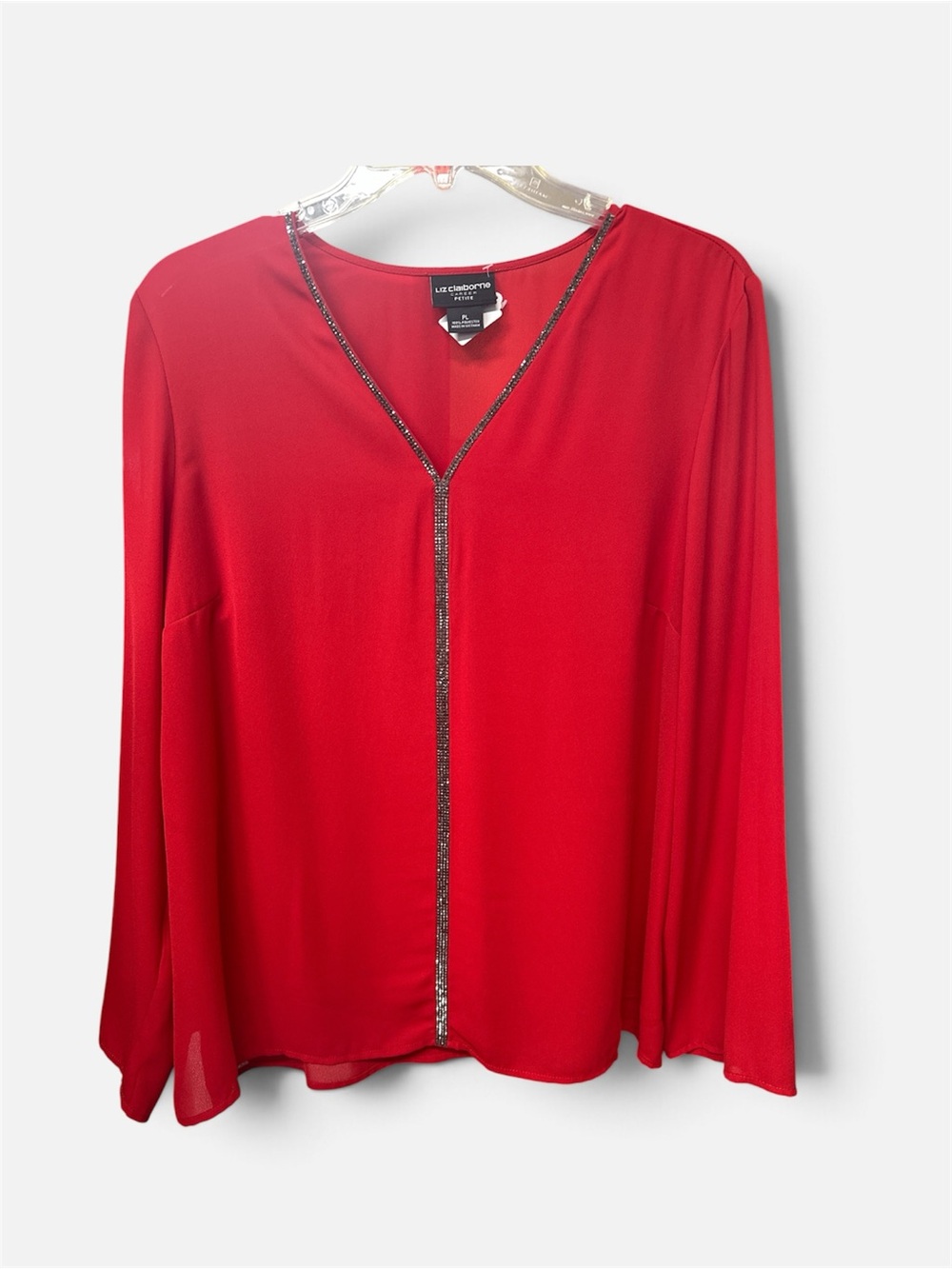 Liz Claiborne Red V-Neck Blouse with Metallic Center Trim